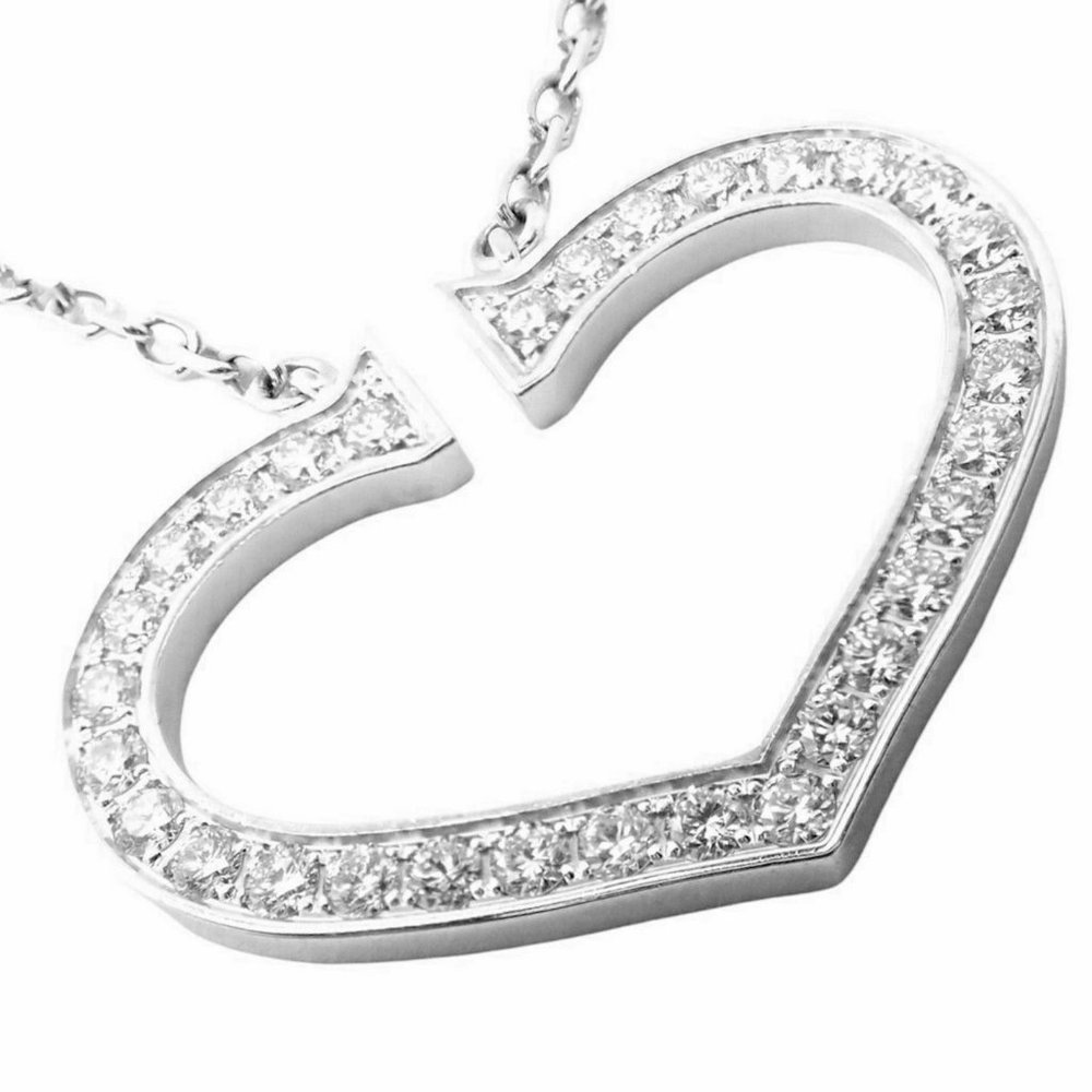 Authentic! Cartier 18k White Gold Diamond Large C Heart Pendant Necklace